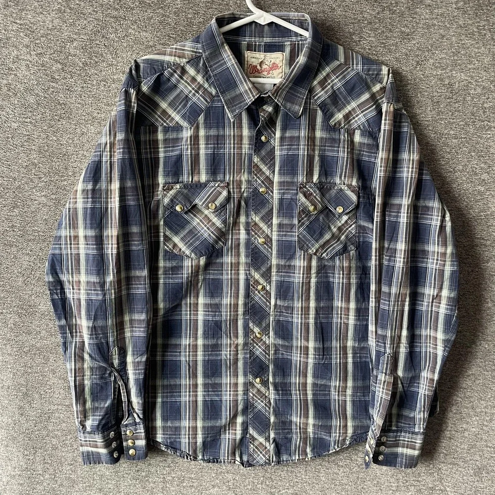 Vtg Wrangler Shirt Mens Medium Blue‎ Plaid Long Sleeve Pearl Snap Western Cowboy